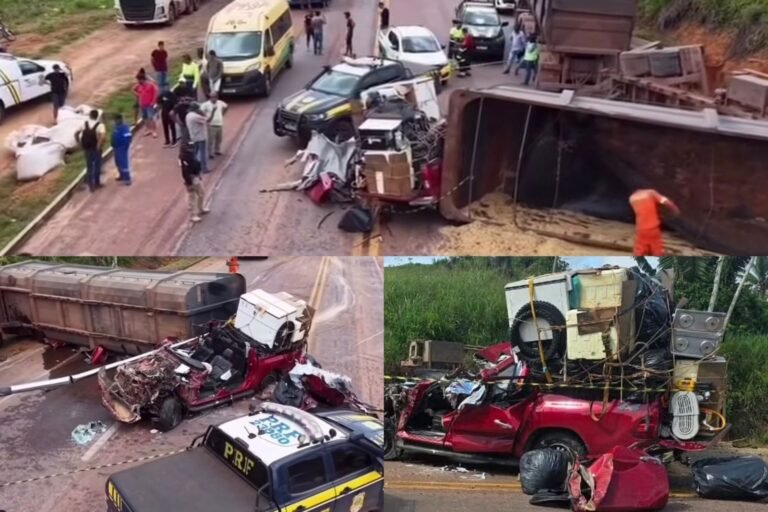 Caminhonete é esmagada por carreta